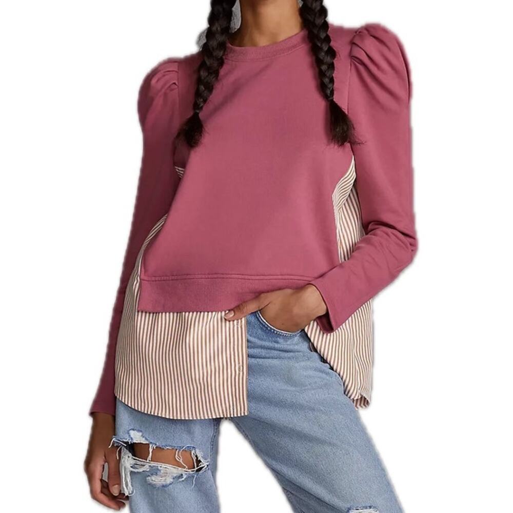 Anthropologie Maeve Mauve Pink Neutral Stripe Twofer Layered Tunic Sweatshirt